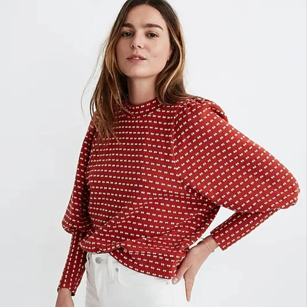 Madewell Puff-Sleeve Mockneck Top in Bow-Tie Jacquard Color Etruscan Clay Size S - Picture 2 of 9